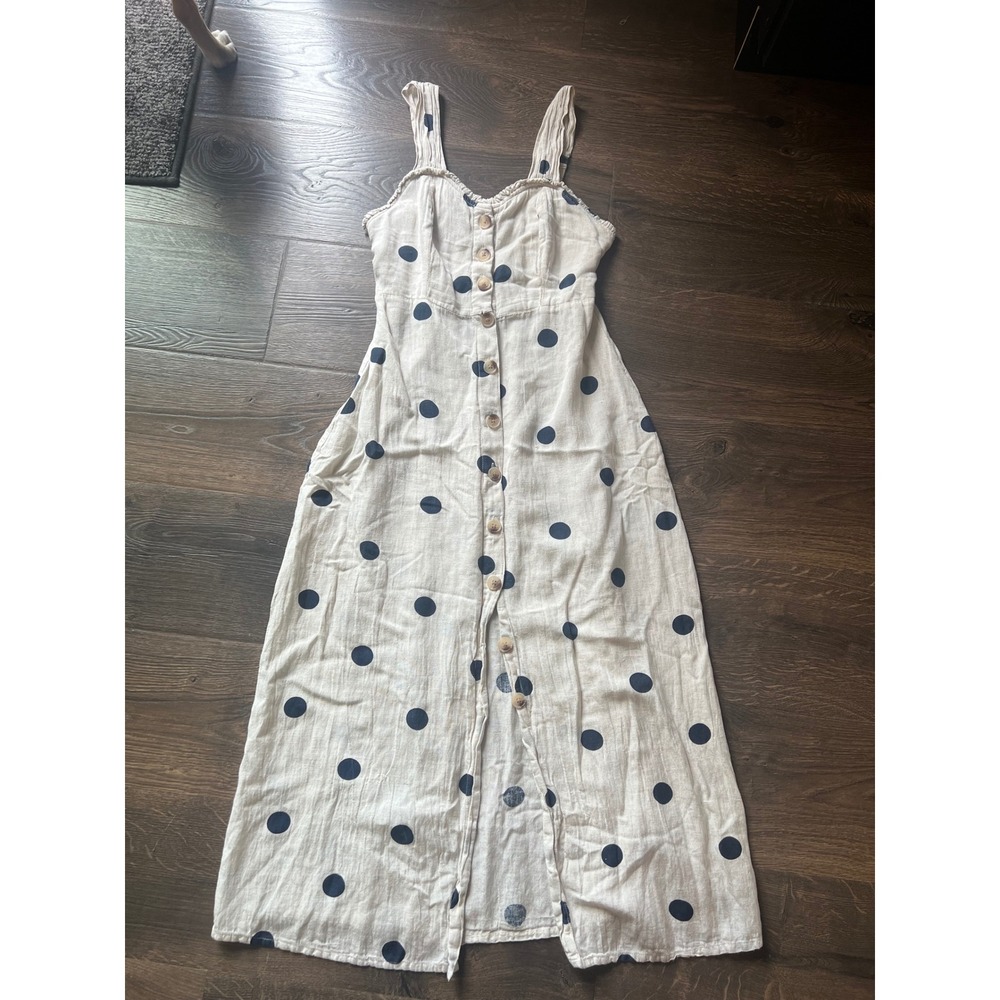 Sincerely Jules Polka Dot Linen Blend Midi Dress Cream Navy Blue Button Front S